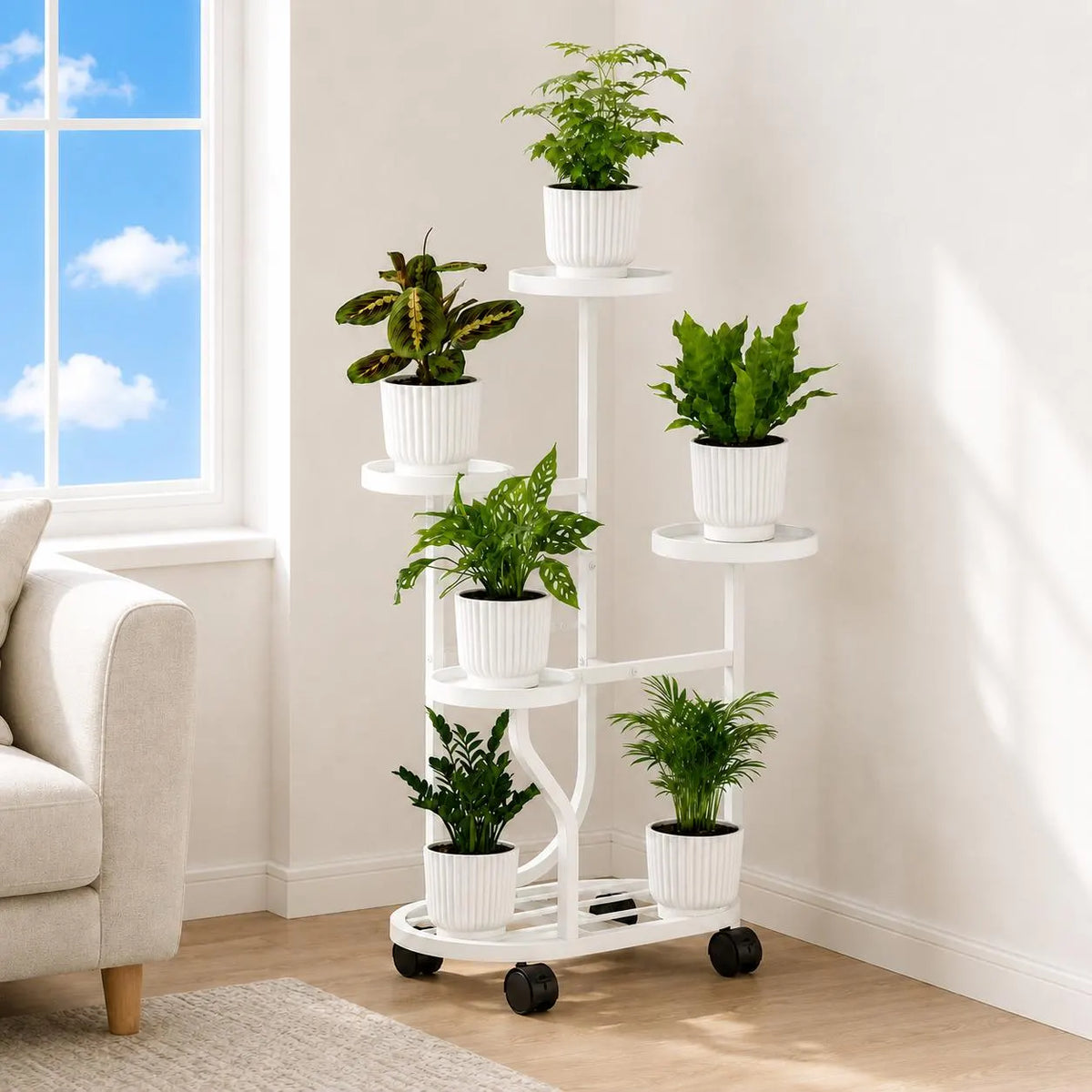 White 5-Tier Metal Plant Stand with Wheels, Space-Saving Indoor Flower Rack