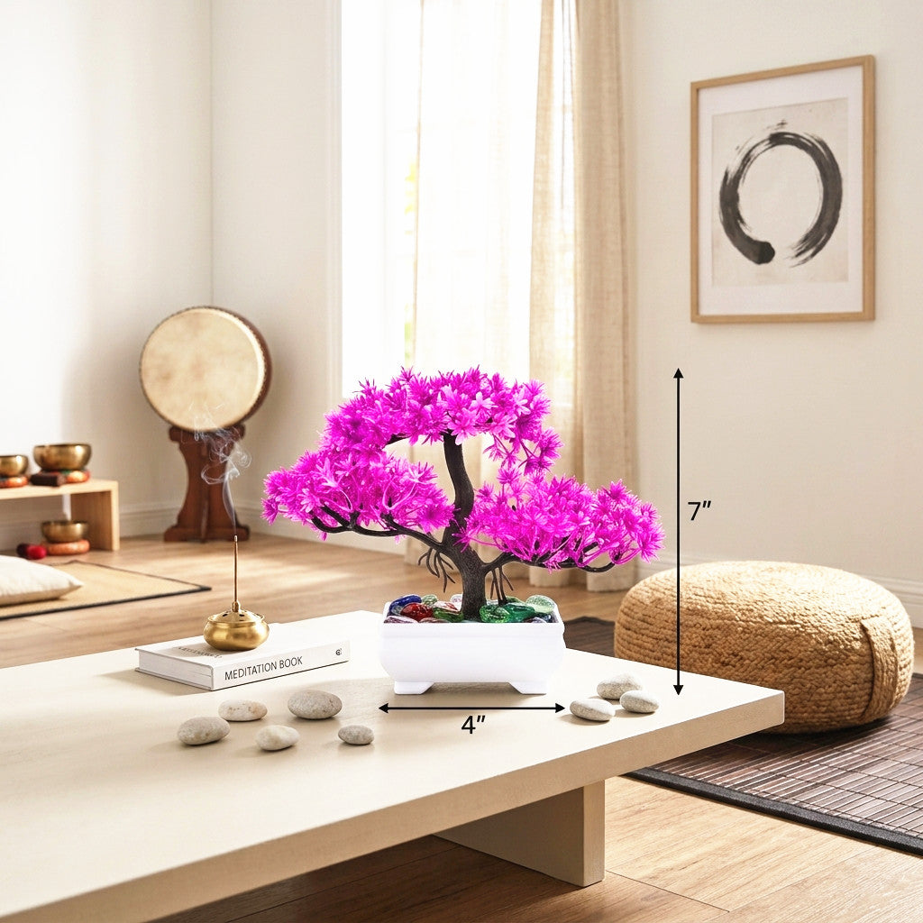 Artificial Bonsai Tree, Miniature Japanese Style Decor, White Pot with Pebbles (5 Colors)